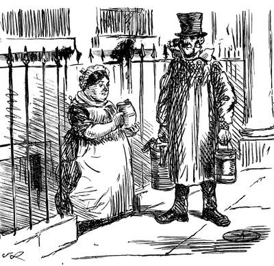 Sütün sulandırılmasının öyle boyutlara ulaştığını anlatan bir karikatür ki, bunun kontrol edilmesi için mevzuat getirilmesi gerekti. İngiliz karikatürist ve illüstratör John Leech (1817-1864) tarafından resimlenmiştir. by John Leech