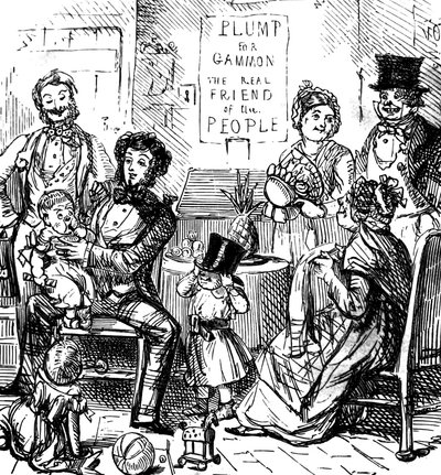 Birinci sınıf bir ailenin üyeleri bir mağazada birlikte vakit geçiriyor by John Leech