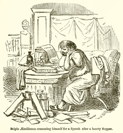 Scipio Aemilianus Cramming himself for a Speech after a Hearty Supper  by John Leech