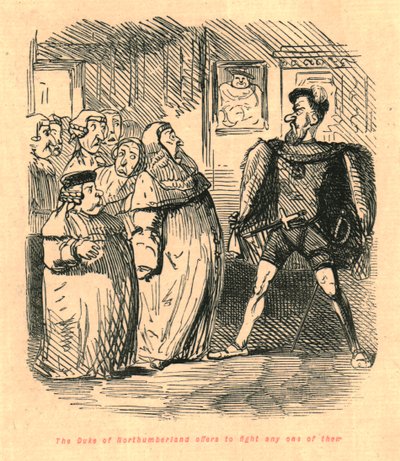 Northumberland Dükü onlardan herhangi biriyle savaşmayı teklif ediyor, 1897. by John Leech