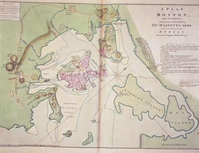 İngiliz kuvvetlerinin ve Asi Amerikan kuvvetlerinin konumunu gösteren Boston ve çevresinin, Ekim 1775