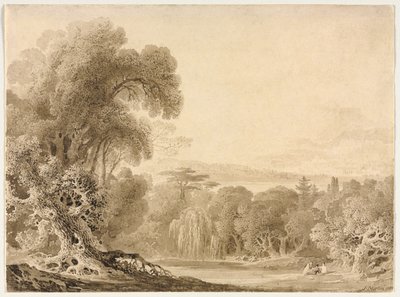 Ormanlık Bir Peyzajda Bir Gölün Yanında Oturan Figürler by John Martin
