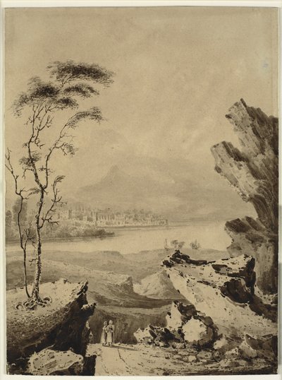 Göl ve kasaba ve arka planda dağlar ile İtalyan manzara by John Martin