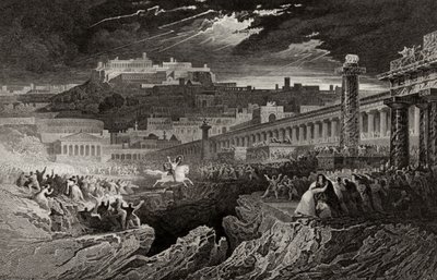 Marcus Curtius, H. Le Keux tarafından oyulmuş uçuruma doğru ilerliyor by John Martin