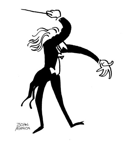 Dramatik bir şekilde orkestra şefliği yapan bir orkestra şefi karikatürü by John Minnion