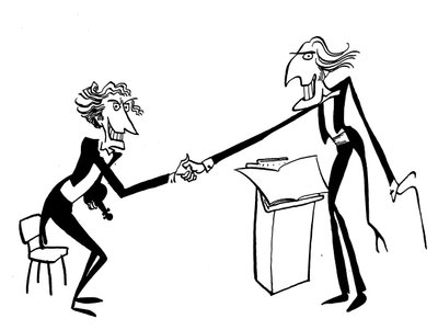 Orkestra liderini selamlayan bir orkestra şefi karikatürü by John Minnion