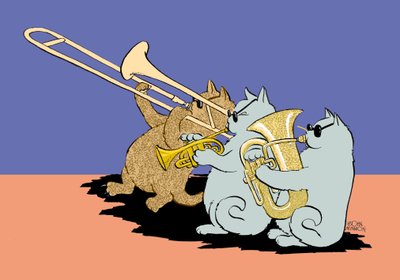 Güneş gözlüğü takmış, trombon, trompet ve tuba çalan üç kedi karikatürü by John Minnion