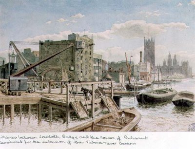 Lambeth Köprüsü ve Parlamento Binaları arasındaki Rıhtımların Nehir Kenarı Görünümü by John Phillipp Emslie