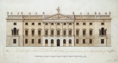 Wentworth Kalesi, güney cephesi için tasarım, c.1760 (kağıt üzerine kalem ve mürekkep ve suluboya) by John Platt