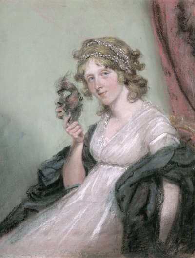 A Lady Holding a black Mask, c.1795-80 (dokuma kağıt üzerine pastel, tuval üzerine serilmiş) by John Raphael Smith