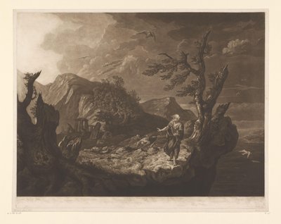 Bir uçurumun kenarında ozan ile fırtınalı manzara by John Raphael Smith