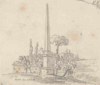 Uzakta Çatıları ve Ağaçları Olan Bir Dikilitaş by John Robert Cozens
