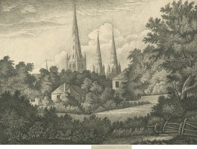 Lichfield Katedrali - Kuzey Doğu Görünümü: kalem ve mürekkeple çizim, 1835 by John Robert Fernyhough