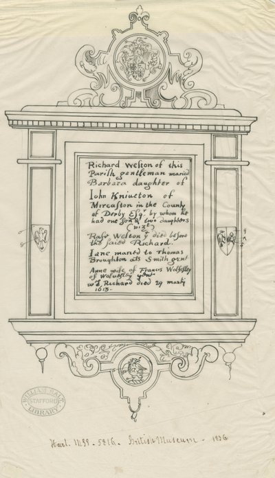 Rugeley Kilisesi (Eski) - Richard Weston Anıtı: kalem ve mürekkep izi by John Robert Fernyhough