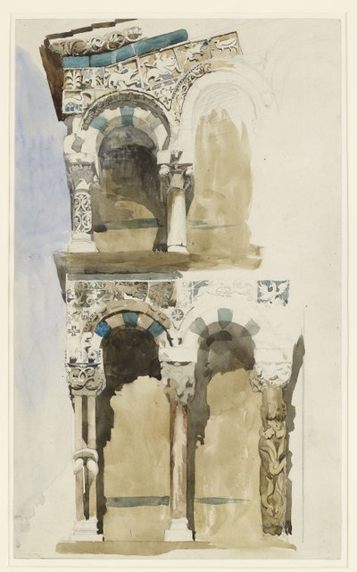 Foro, Lucca'daki yıkılan San Michele Kilisesi'nin cephesinin bir kısmı, Renkli olarak çizilmiş, 30 Haziran - 1 Temmuz 1846 (dokuma kağıt üzerine grafit üzerine suluboya) by John Ruskin