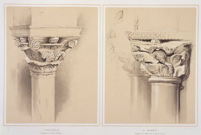 Torcello, Nef Sütunu'nun Başkenti ve St. Mark's, Central Porch'tan Başkent, John Ruskin'in 'Venedik Mimarisi Örnekleri'nden, G. Rosenthal tarafından oyulmuş, 1851 by John Ruskin