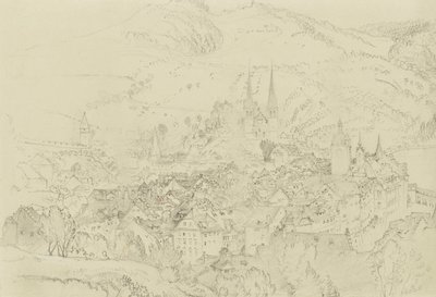 Luzern'in yukarıdan görünümü, Ekim-Aralık 1861 (soluk gri dokuma kağıda kalem ve mürekkep dokunuşlarıyla grafit) by John Ruskin