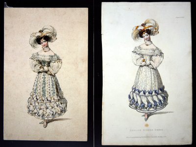 Bir moda plakasının eskizi ve baskısı, c.1829 (kağıt üzerine kurşun kalem ve sulu boya ve elle boyanmış gravür) by John Samuel Agar