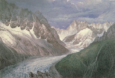 Solda Aiguille du Moine ve sağda Grandes Jorasses ile Mer de Glace