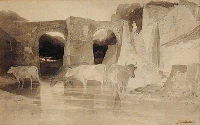Köprü ve İnekler (kalem ve mürekkep ve kağıt üzerinde yıkama) by John Sell Cotman
