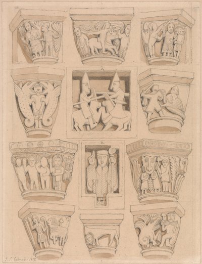 Rouen, Normandiya yakınlarındaki Saint Georges de Bocherville Abbey Kilisesi'ndeki Başkentler ve A & B Kısma Kabartmaları by John Sell Cotman