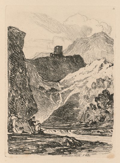 Liber Studiorum: Levha 12, Dolbadarn Kalesi, Llanberis Gölü, Kuzey Galler, 1838. by John Sell Cotman