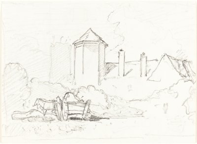 Ön Planda Arabalı ve Atlı Binaların Kroki by John Sell Cotman