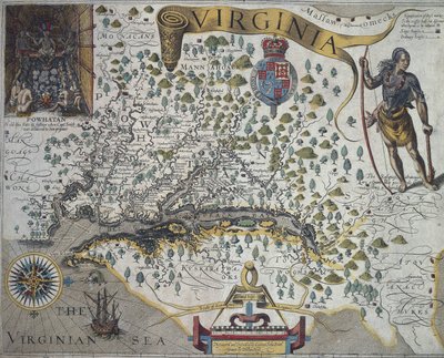 Virginia Haritası: John Smith (1580-1631) tarafından Hintli şef Powathan'ın kulübesinin içini gösteren ek (sol üst) by John Smith