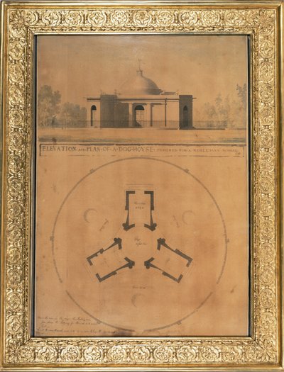 Bir Köpek Evinin Yükseltisi ve Planı, 1779 (kağıt üzerine kalem ve mürekkep ve wc) by John Soane