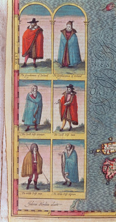 İrlanda 'Tipleri', İrlanda Krallığı'ndan detay, Jodocus Hondius (1563-1612) tarafından 'Büyük Britanya İmparatorluğu Tiyatrosu'ndan oyulmuş, pub. John Sudbury ve George Humble, 1610 (renkli by John Speed