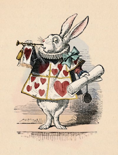 Bir duyuru için trompet üfleyen mahkeme yetkilisi olarak bir Tavşan, 1889 by John Tenniel