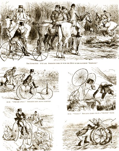 Üç tekerlekli bisikletle avlanan bir adamı betimleyen bir çizgi film. John Tenniel (1820-1914) bir İngiliz illüstratör, grafik mizahçı ve politik karikatürist tarafından resmedilmiştir. by John Tenniel