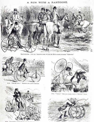 Üç tekerlekli bisikletle avlanan bir adamı betimleyen bir çizgi film. John Tenniel (1820-1914) bir İngiliz illüstratör, grafik mizahçı ve politik karikatürist tarafından resmedilmiştir. by John Tenniel