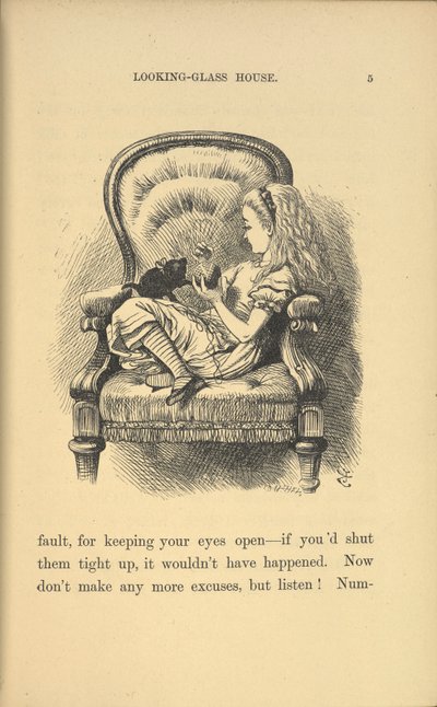Alice bir kedi yavrusu ile oynarken bir sandalyede oturuyor. by John Tenniel