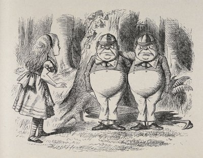 Alice, Tweedle Dee ve Tweedle Dum ile ilk kez tanışıyor. Bir ağacın altında duruyorlardı, kollarını diğerinin boynuna dolamışlar ve Alice hangisinin hangisi olduğunu bir anda anladı, çünkü birinin yakasında "Dum" ve diğerinde "Dee" işlenmişti. by John Tenniel