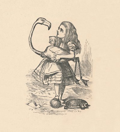 Alice, flamingo ile tokmak gibi kroket oynamaya çalışıyor, 1889 by John Tenniel