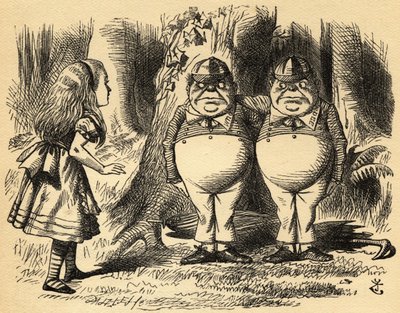 Alice, Tweedledum ve Tweedledee ile. Sir John Tenniel'in çizimi by John Tenniel
