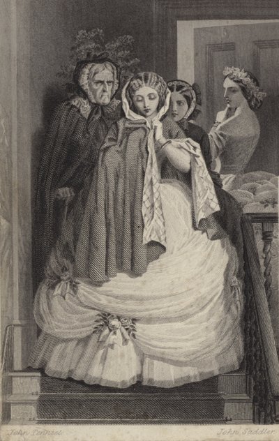 Güzel kız, parti için giyinmiş, merdivenlerden iniyor by John Tenniel