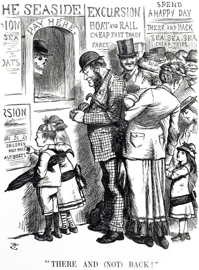 Aşırı kalabalık gezi trenlerindeki kazaların sıklığı hakkında yorum yapan çizgi film by John Tenniel