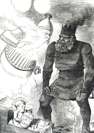 Elektriğin bebekliği hakkında yorum yapan çizgi film by John Tenniel