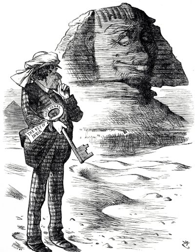 Başbakan Benjamin Disraeli'nin Süveyş Kanalı'nı İngilizlerin Hindistan'daki hakimiyeti ve nüfuzunun anahtarı olarak tuttuğunu gösteren karikatür by John Tenniel