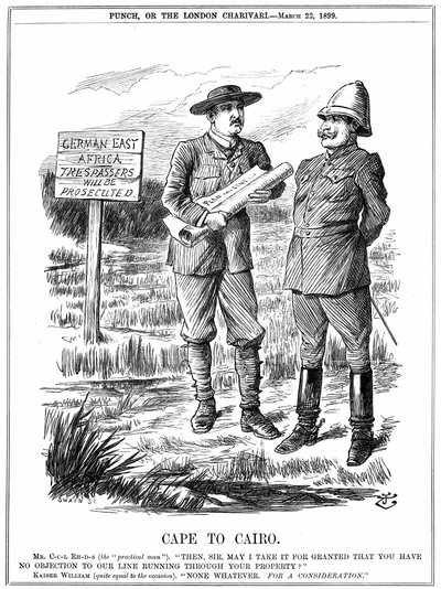 Cecil John Rhodes (1852-1902) İngiliz doğumlu Güney Afrikalı devlet adamı, Alman imparatorundan Alman Doğu Afrikası üzerinden bir telgraf hattı işletmek için izin istiyor. Cape To Kahire, John Tenniel
