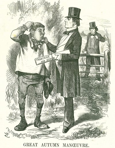 Büyük Sonbahar Manevrası: Gladstone sonunda oy tarım işçilerine (Hodge) verilmesi gerektiğini düşündü. Şu anda başbakanlığı sallantıdaydı ve Disraeli onun yerini almayı bekliyor. Punch, Londra