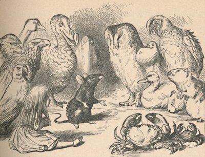 Bir Kafkas Yarışı ve uzun bir kuyruk bölümü için çizim. Alice ve çeşitli yaratıklar gibi by John Tenniel