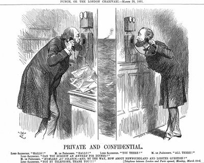 İngiliz-Fransız telefon hattının açılması. İngiltere Başbakanı (Lord Salisbury), Fransa Cumhurbaşkanı (Sadi Carnot) ile görüşmesinde. Punch