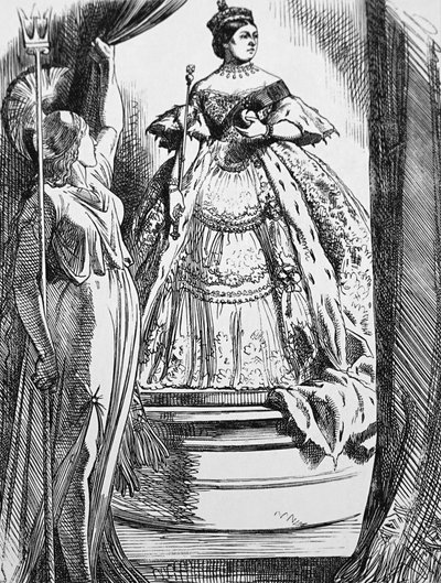 Kraliçe Victoria, Britanya tarafından uzun yasının ardından dünyaya geri dönmesi için çağrıda bulunuyor. by John Tenniel