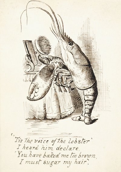 Istakoz, Pençesinde Saç Fırçası, Tuvalet Masasının Önünde Duruyor, 4 Satır Ayet ile, 1865 dolayları (kalem ve kahverengi mürekkep) by John Tenniel