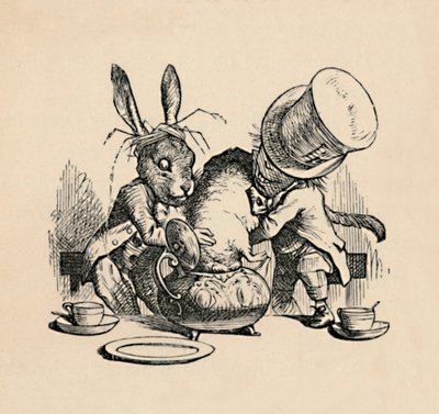 Çılgın Şapkacı ve Mart tavşanı, Fındık Faresini bir çaydanlığa koymaya çalışıyor, 1889 by John Tenniel