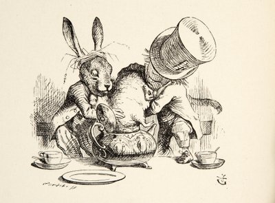 Deli Şapkacı ve Mart Tavşanı, Fındık Faresini Çaydanlığa Yerleştiriyor, Lewis Carroll (1832 - 98) tarafından kaleme alınan Alices Harikalar Diyarında