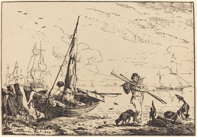 Deniz: Kıyıda Balıkçı Tekneleri, Kürekli Adam, Uzakta Gemi by John Thomas Serres
